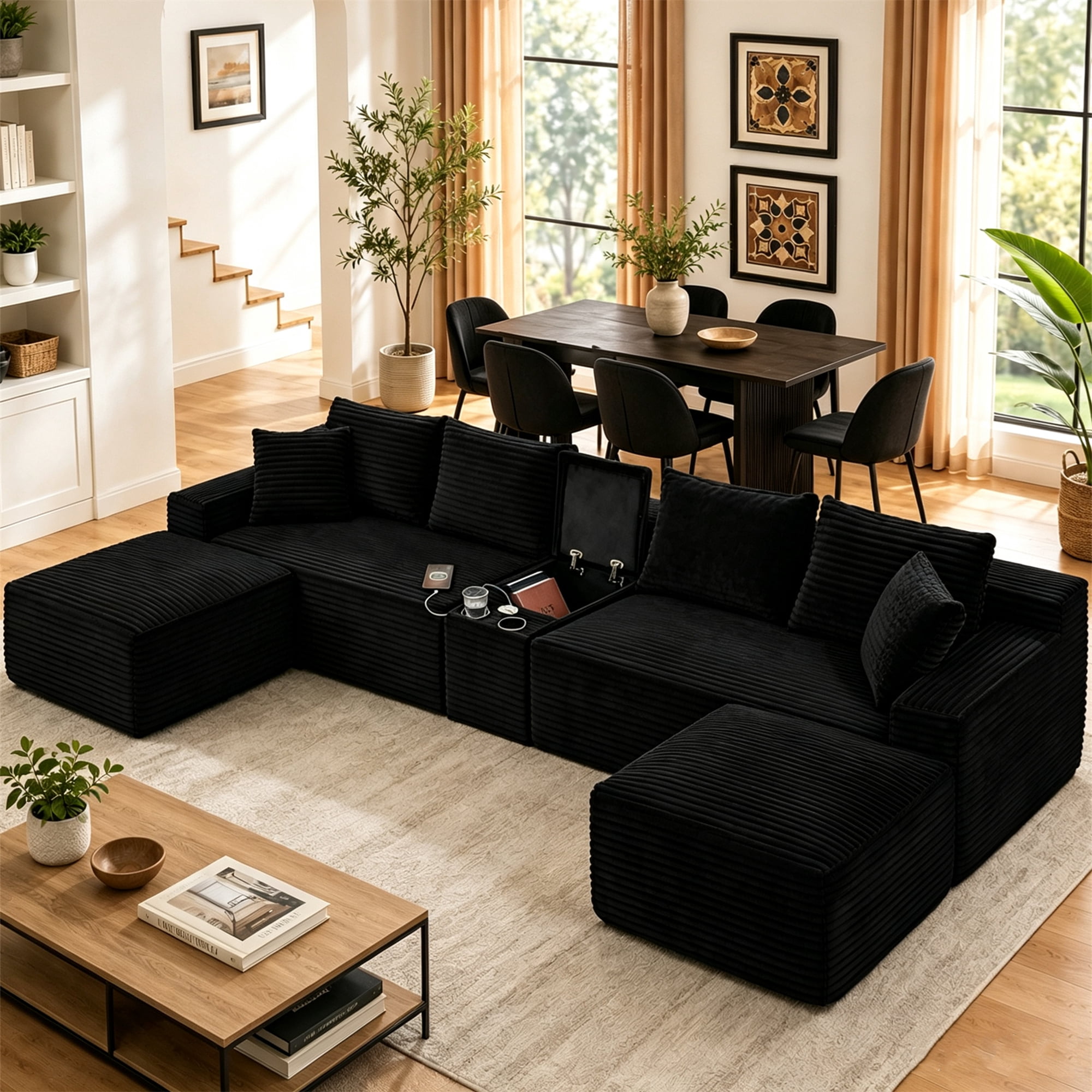 Aukfa 127" U-Shaped Cloud Sectional Sofa Oversized Modular Boneless Couch with USB & Cup Holder Storage Console for Living Room, Corduroy, Black