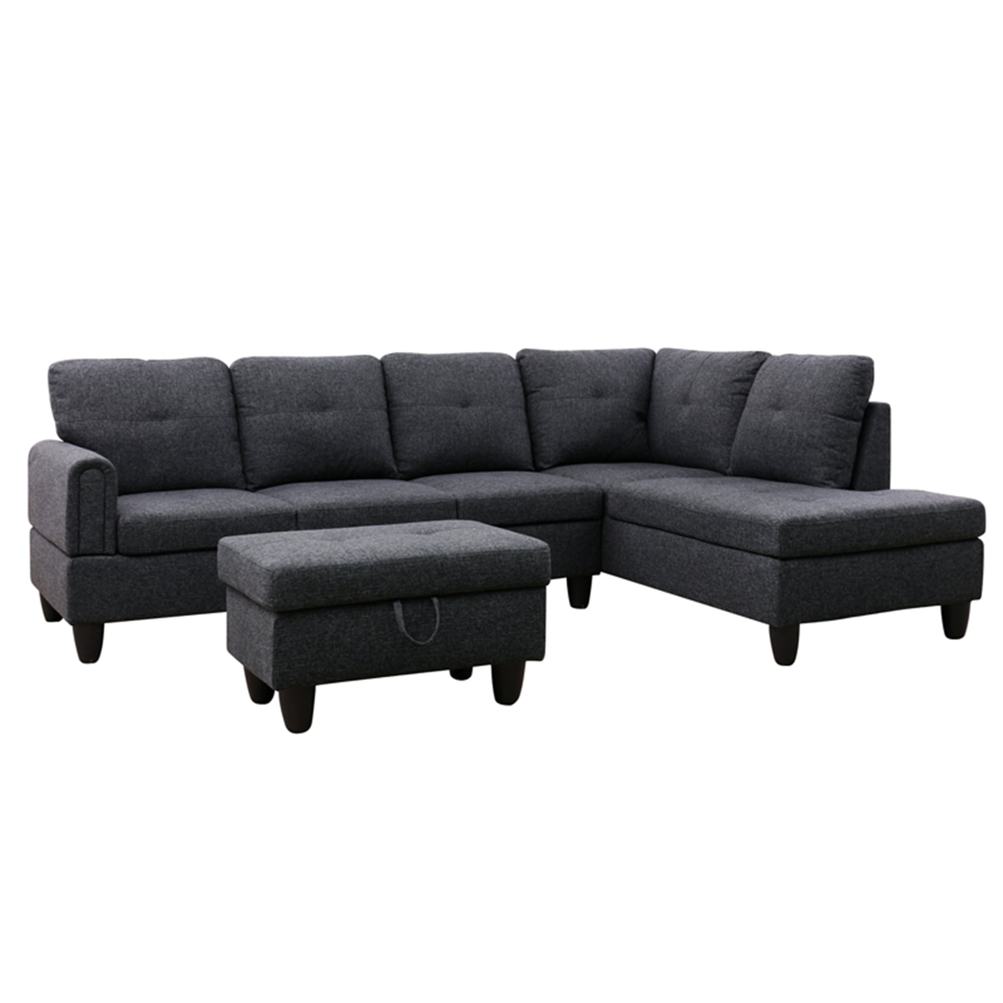 Aukfa 3 Piece L-shape Sectional Sofa with Storage Ottoman, Right Chaise, 2 Pillows, Linen, Dark Gray