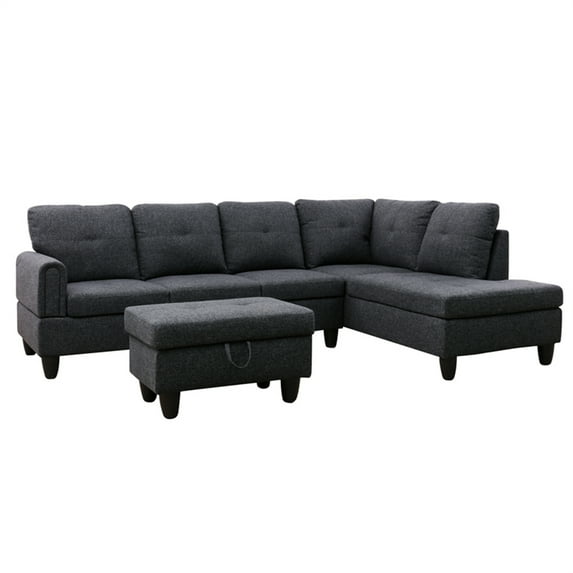 Aukfa 3 Piece L-shape Sectional Sofa with Storage Ottoman, Right Chaise, 2 Pillows, Linen, Dark Gray