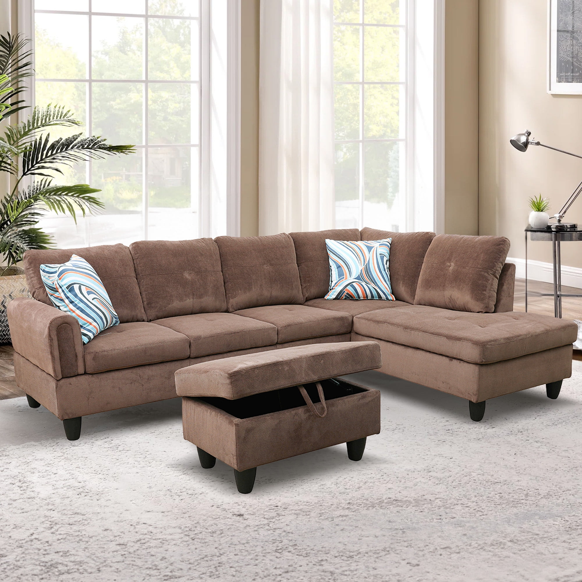 Aukfa 3 Piece L-shape Sectional Sofa Couch w/ Storage Ottoman, Right Chaise, 2 Pillows, Pineapple Velvet, Brown