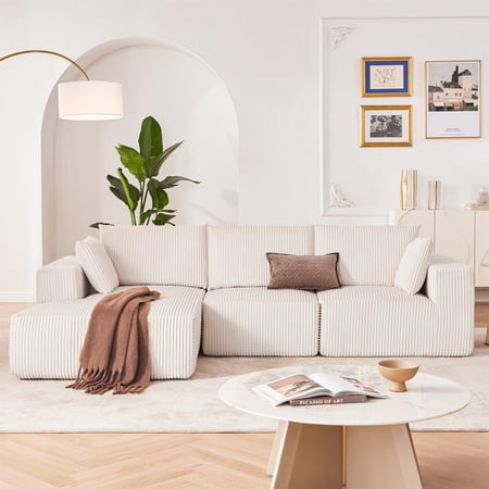Aukfa 110" Cloud Sectional Sofa Modular Boneless Couch for Living Room, 2 Pillows, Corduroy, Beige