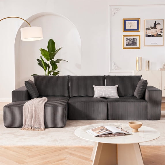 Aukfa 104" Cloud Sectional Sofa Modular Boneless Couch for Living Room, 5 Pillows, Corduroy, Gray