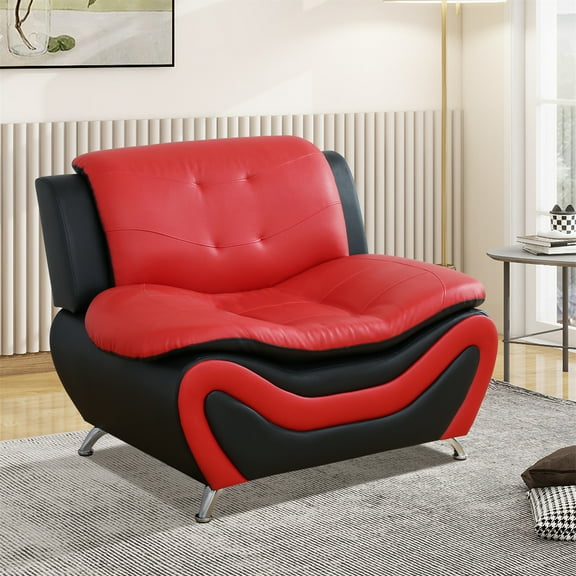 Aukfa 3 Piece Sofa Set - 42" Wide Upholstered Couch Armchair, Leather, Black&Red