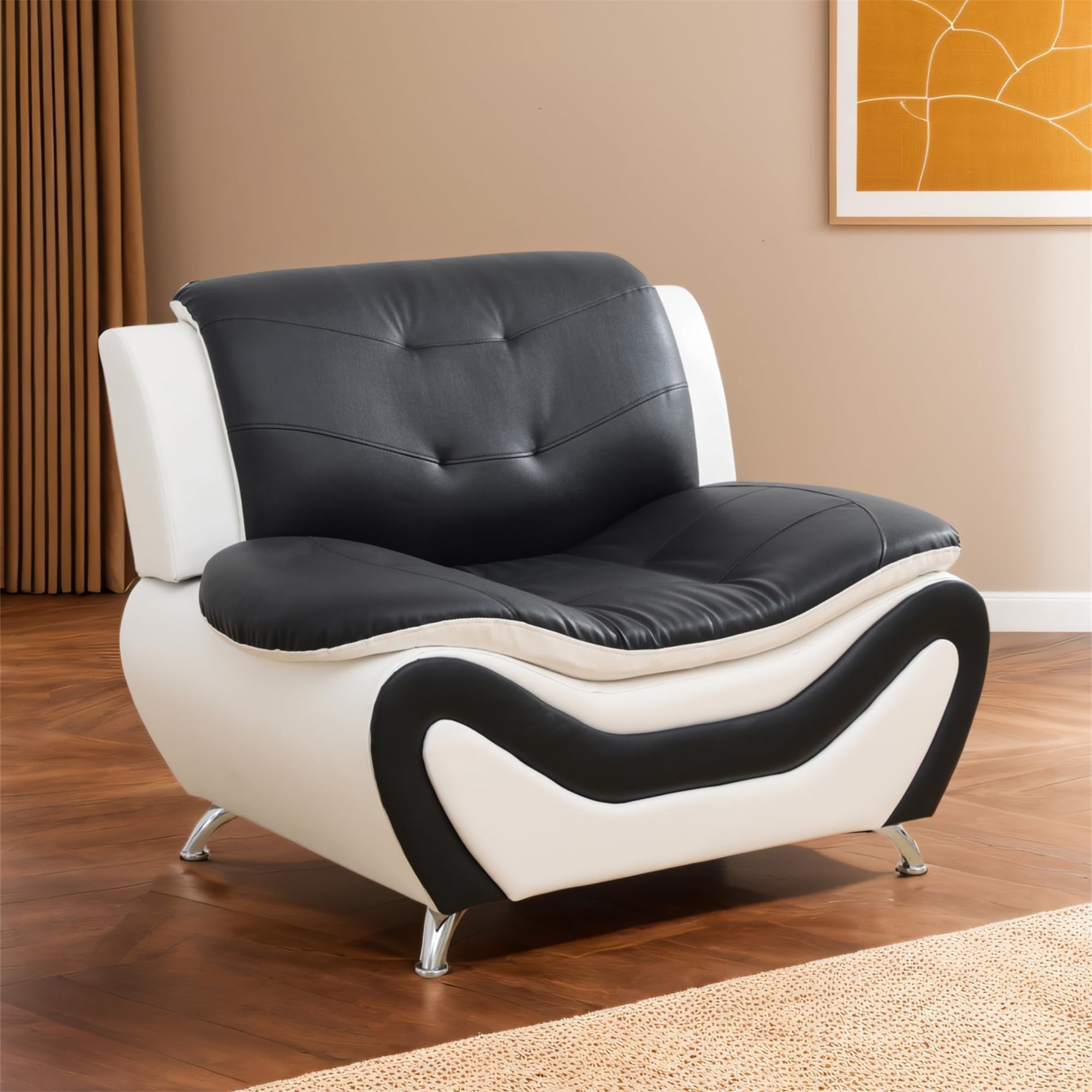 Aukfa 3 Piece Sofa Set - 42" Wide Upholstered Couch Armchair, Leather, Black&White