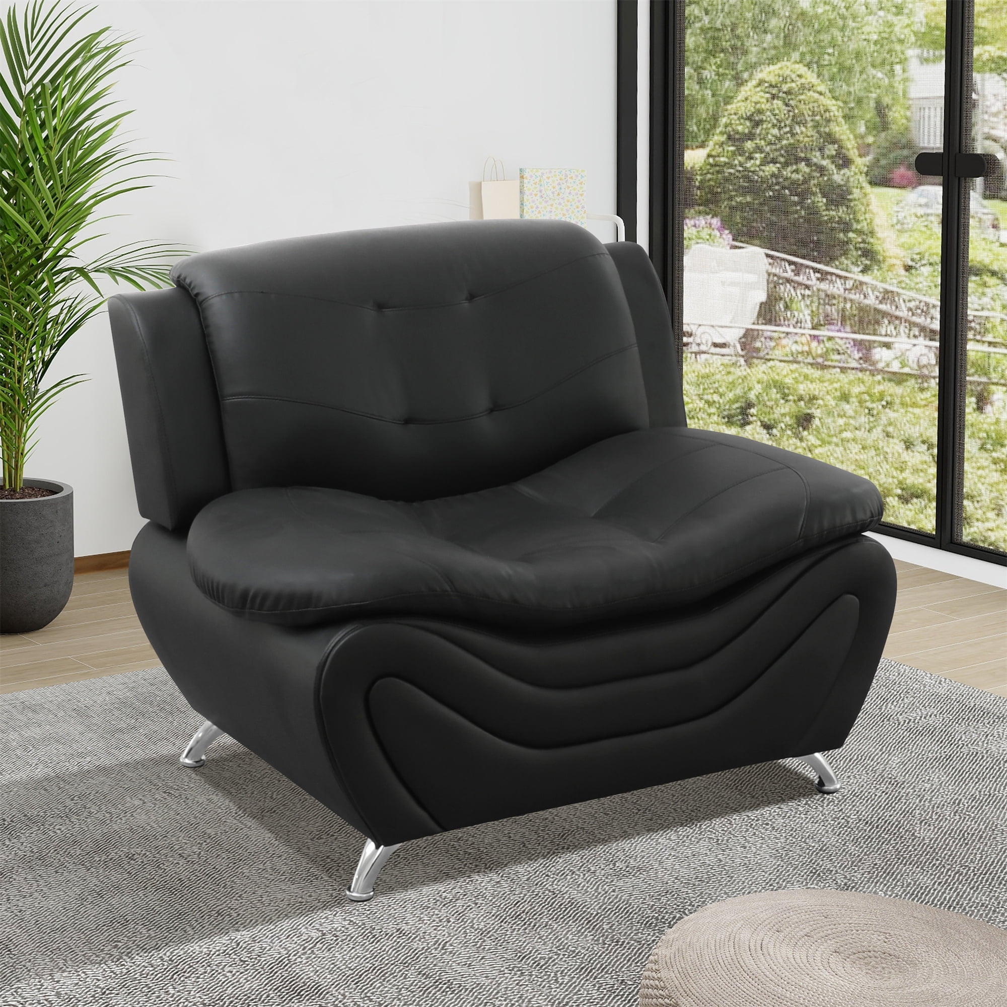 Aukfa 3 Piece Sofa Set - 42" Wide Upholstered Couch Armchair, Leather, Black