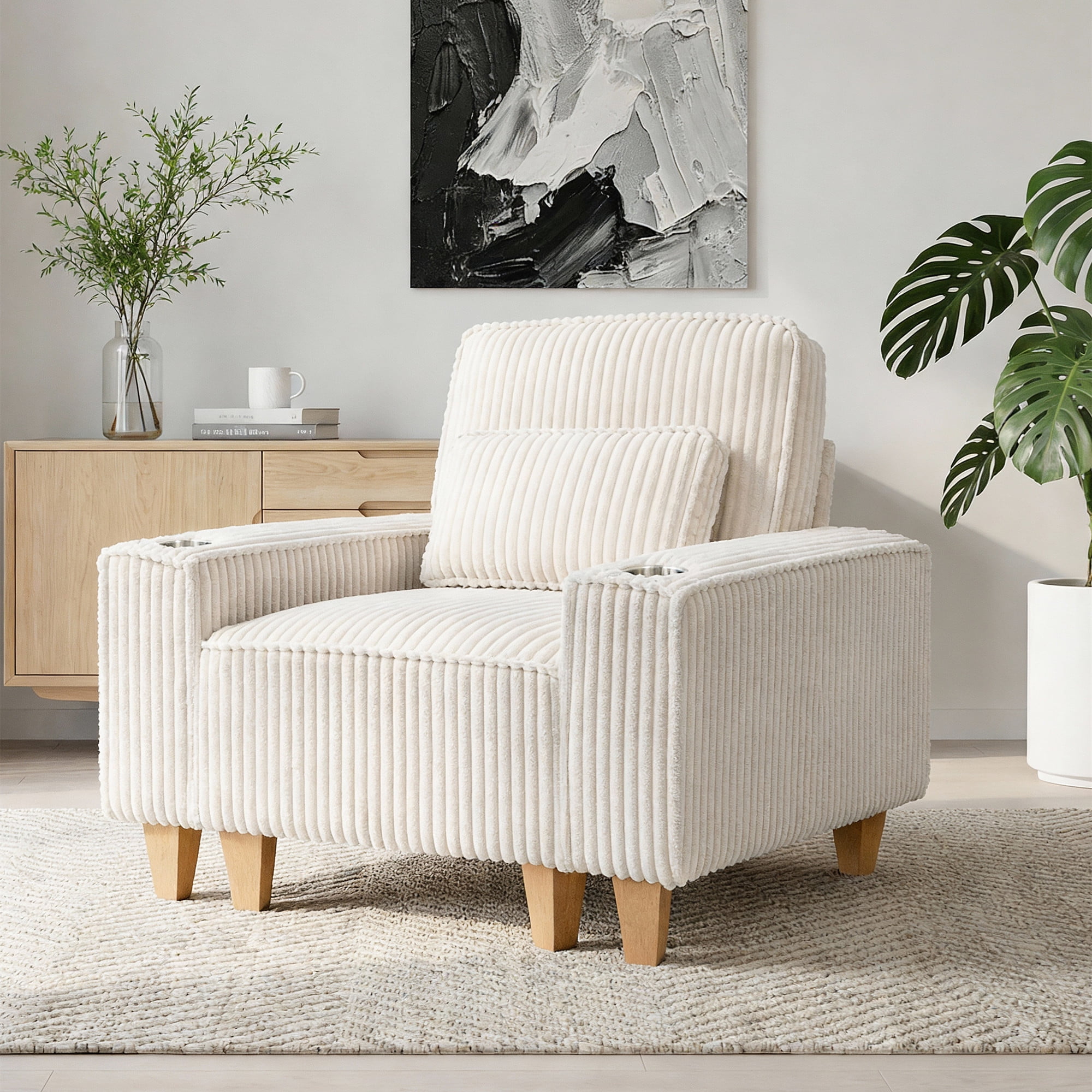 Aukfa 3 Piece Sofa Set - 43.5" Oversized Armchair Couch w/ Cup Holders&Pillows, Solid Wood Legs, Beige