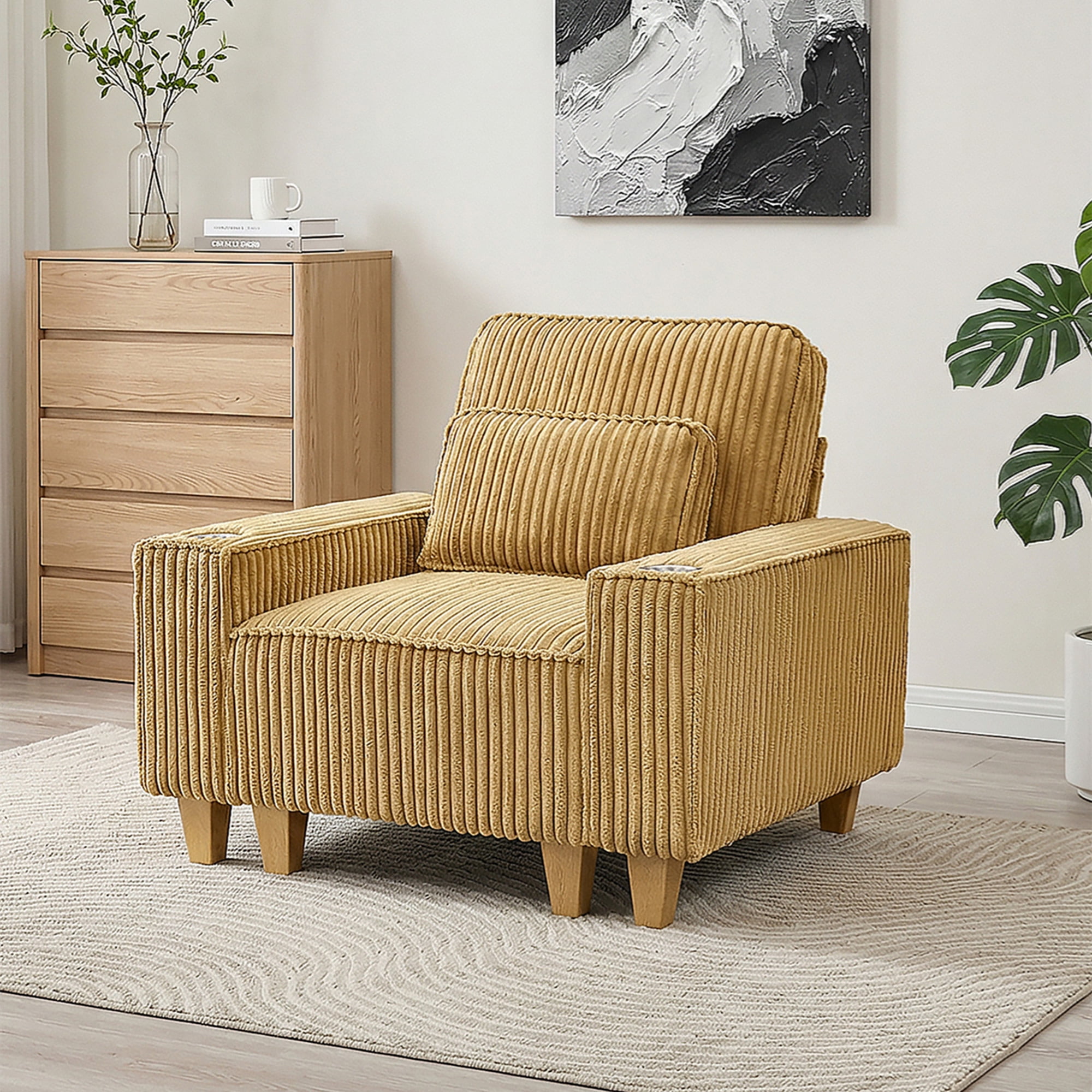 Aukfa 3 Piece Sofa Set - 43.5" Oversized Armchair Couch w/ Cup Holders&Pillows, Solid Wood Legs, Mustard