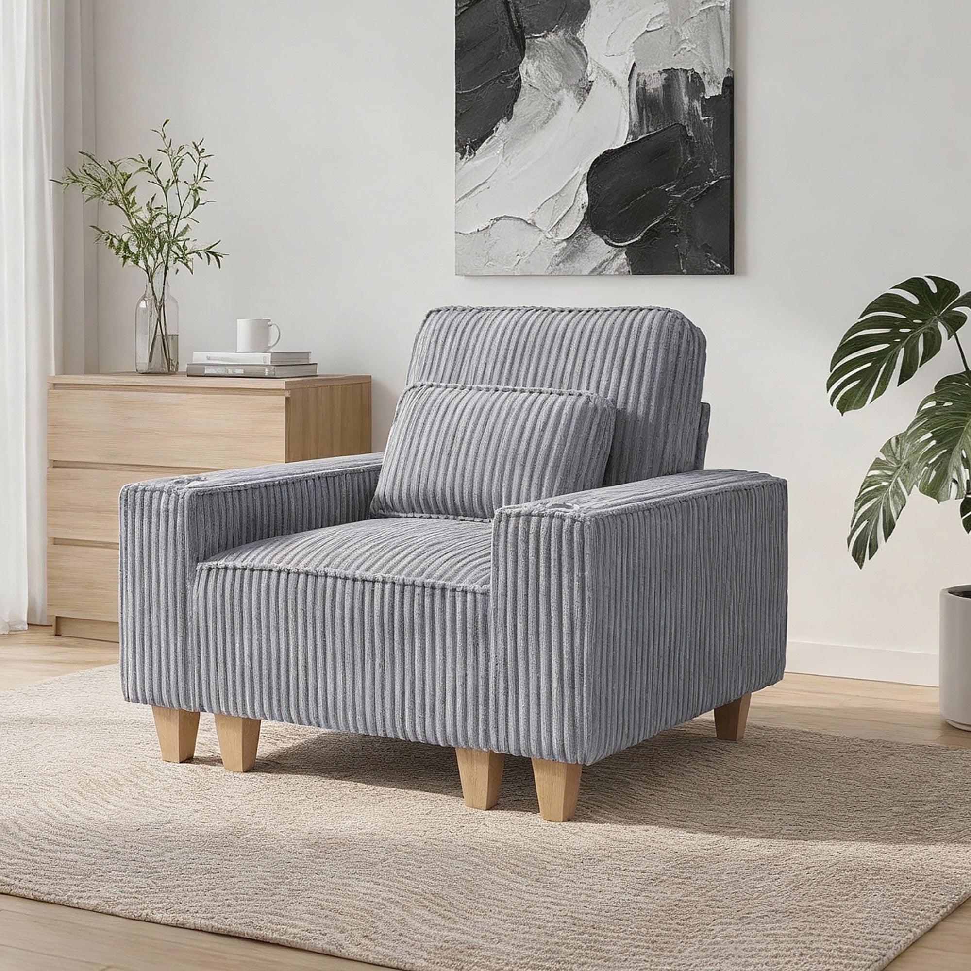 Aukfa 3 Piece Sofa Set - 43.5" Oversized Armchair Couch w/ Cup Holders&Pillows, Solid Wood Legs, Gray