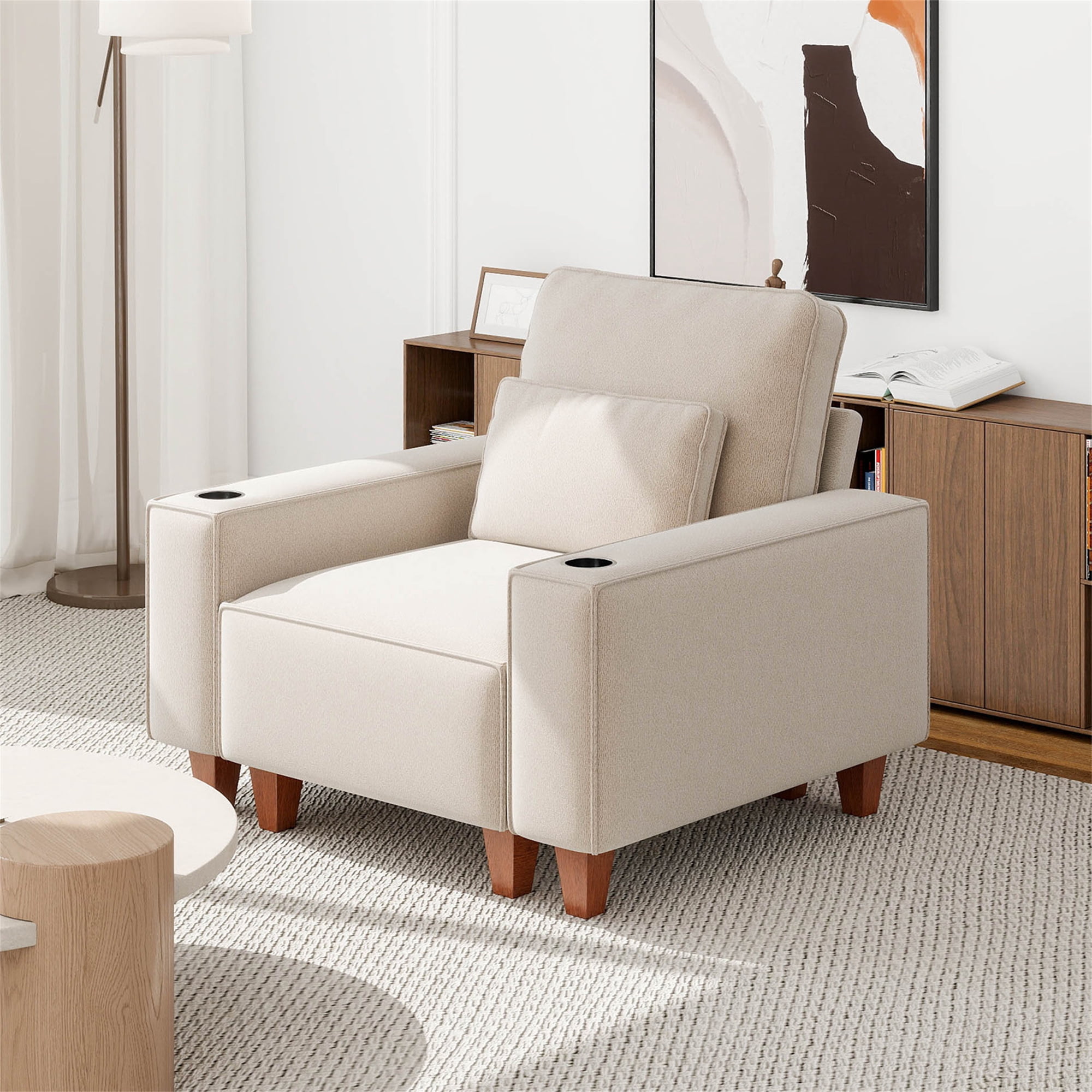 Aukfa 3 Piece Sofa Set - 43.5" Oversized Armchair Couch with Cup Holders&Pillows, Chenille, Beige