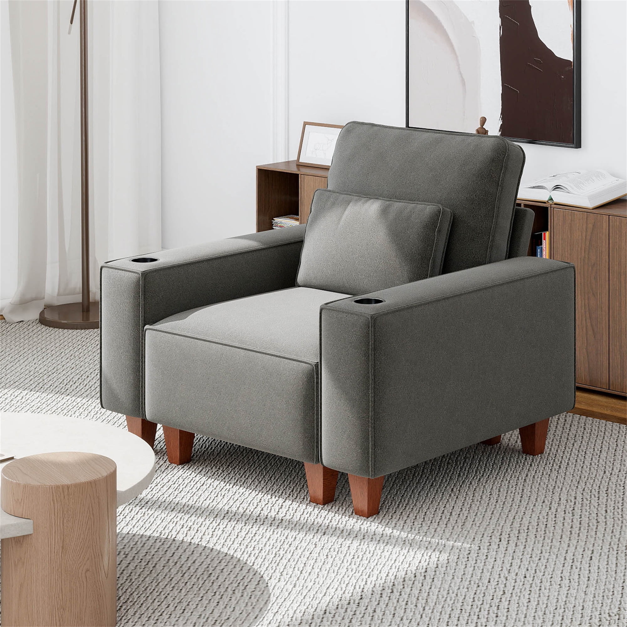 Aukfa 3 Piece Sofa Set - 43.5" Oversized Armchair Couch with Cup Holders&Pillows, Chenille, Gray