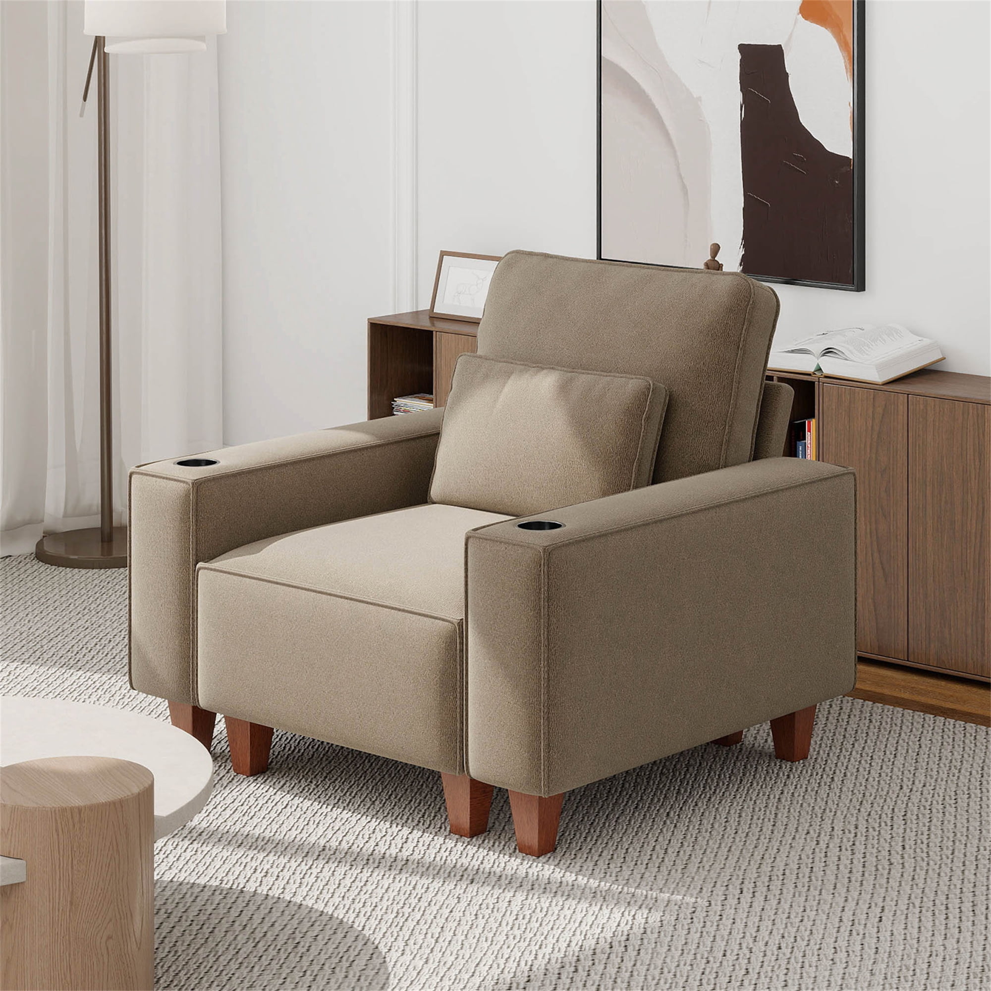 Aukfa 3 Piece Sofa Set - 43.5" Oversized Armchair Couch with Cup Holders&Pillows, Chenille, Khaki