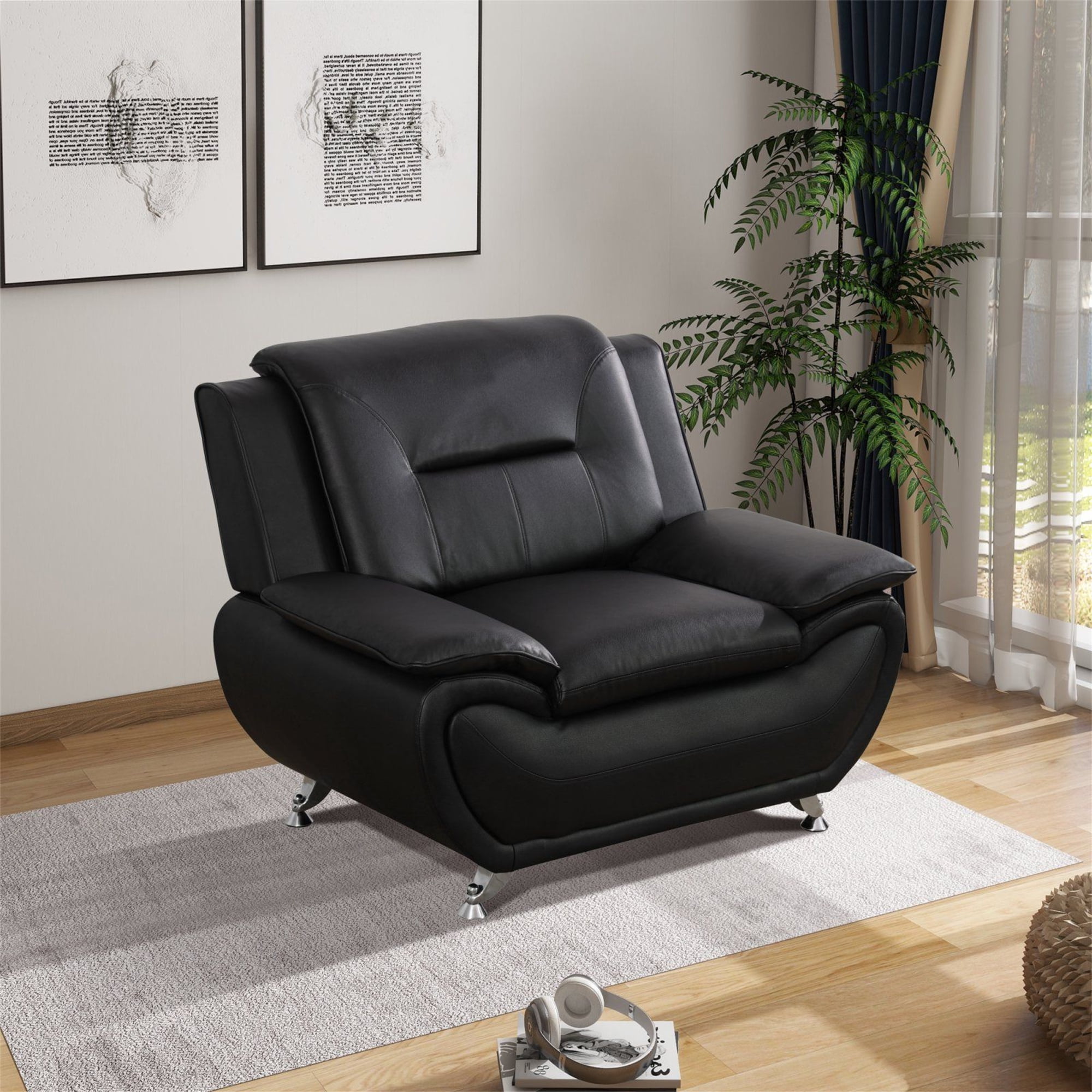 Aukfa 3 Piece Sofa Set - 46" Wide Upholstered Sofa Couch Armchair, Leather, Black