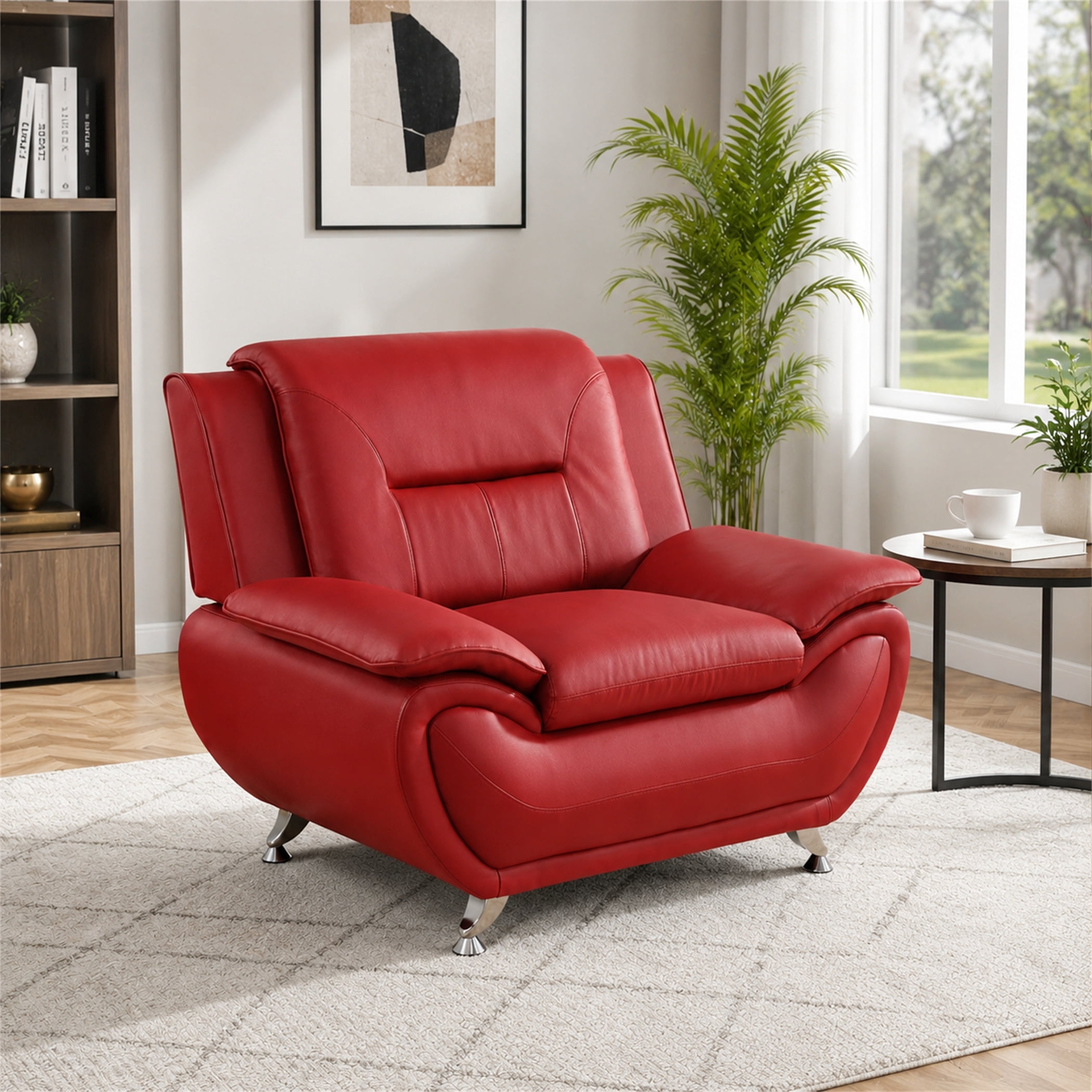 Aukfa 46" Wide Upholstered Sofa Small Couch Armchair, Faux Leather, Red
