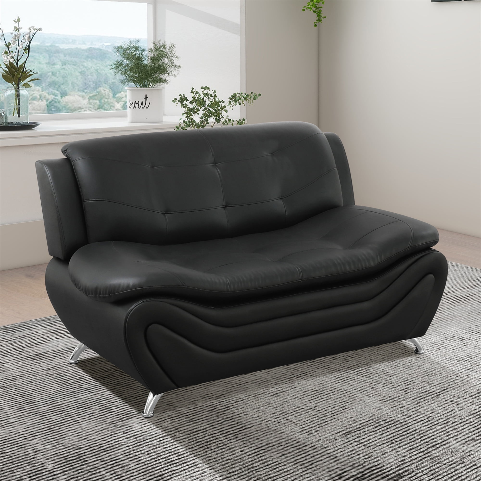 Aukfa 3 Piece Sofa Set - 60" Wide Upholstered Loveseat Couch for Living Room Bedroom, Leather, Black