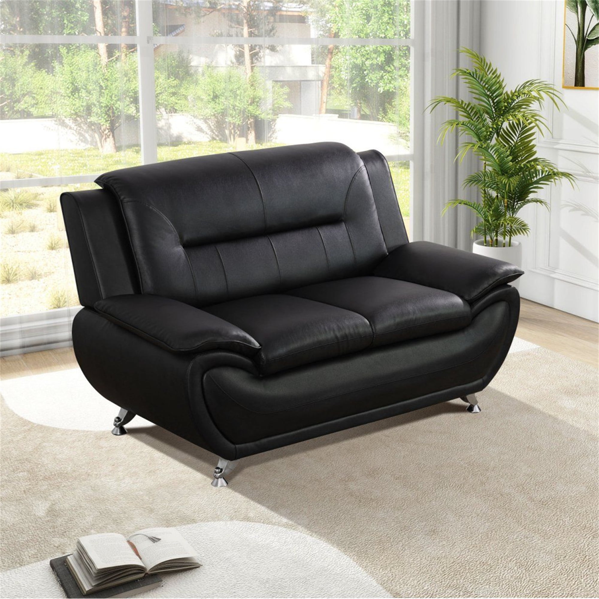 Aukfa 3 Piece Sofa Set - 61" Wide Upholstered Loveseat Couch for Living Room Bedroom, Leather, Black