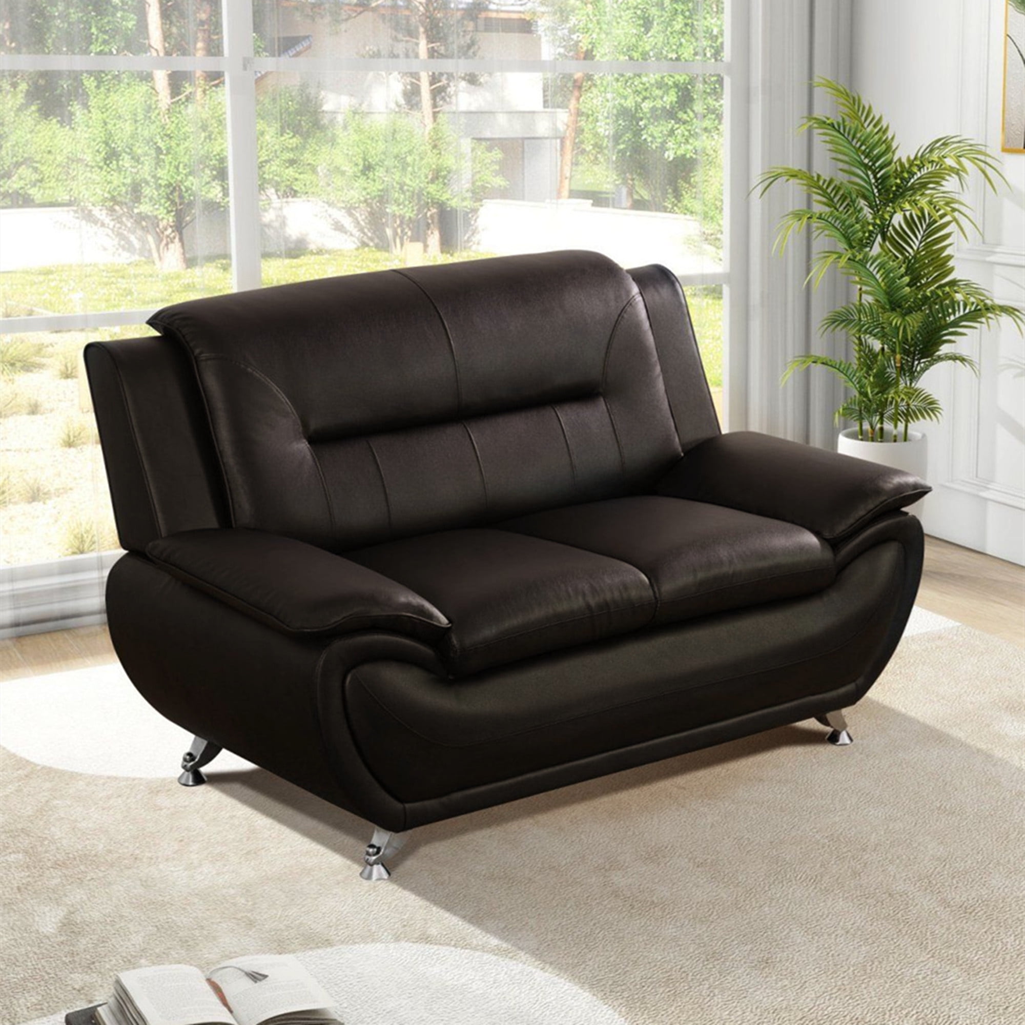 Aukfa 3 Piece Sofa Set - 61" Wide Upholstered Loveseat Couch for Living Room Bedroom, Leather, Brown