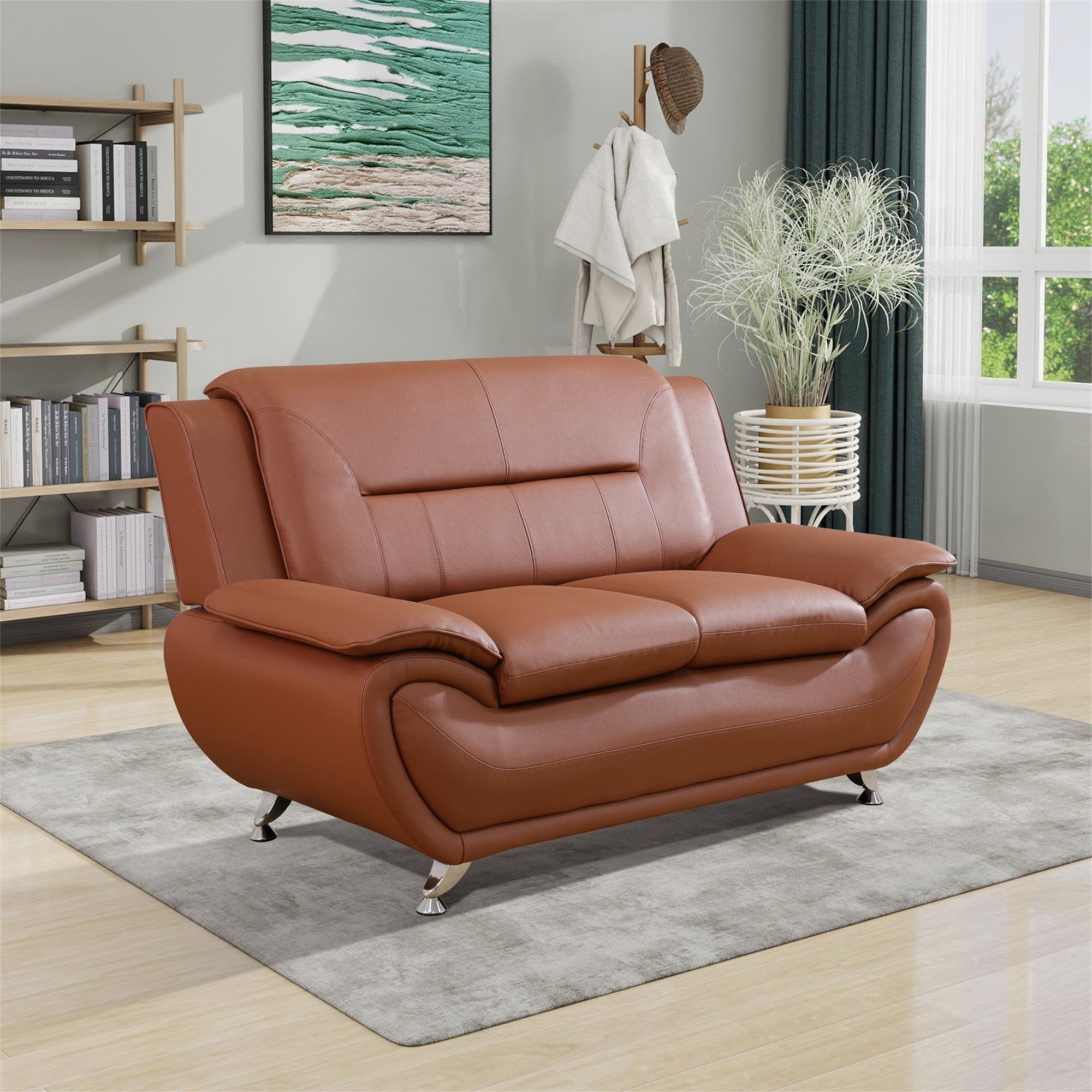 Aukfa 3 Piece Sofa Set - 61" Wide Upholstered Loveseat Couch for Living Room Bedroom, Leather, Orange