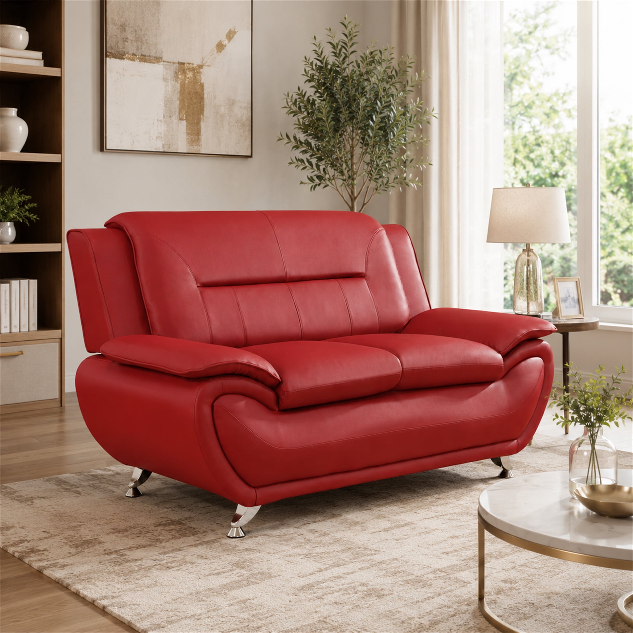 Aukfa 61" Wide Upholstered Loveseat Small Couch for Living Room Bedroom, Faux Leather, Red