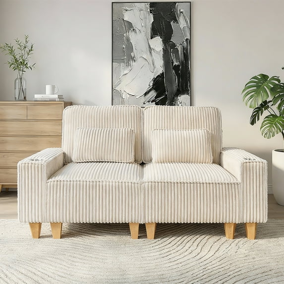 Aukfa 3 Piece Sofa Set - 71" Deep Seat Couch Loveseat Couch w/ Cup Holders&Pillows, Solid Wood Legs, Beige