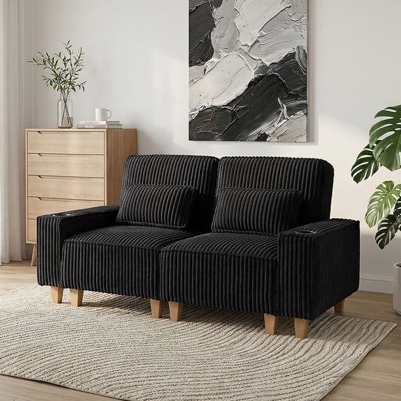 Aukfa 3 Piece Sofa Set - 71" Deep Seat Couch Loveseat Couch w/ Cup Holders&Pillows, Solid Wood Legs, Black