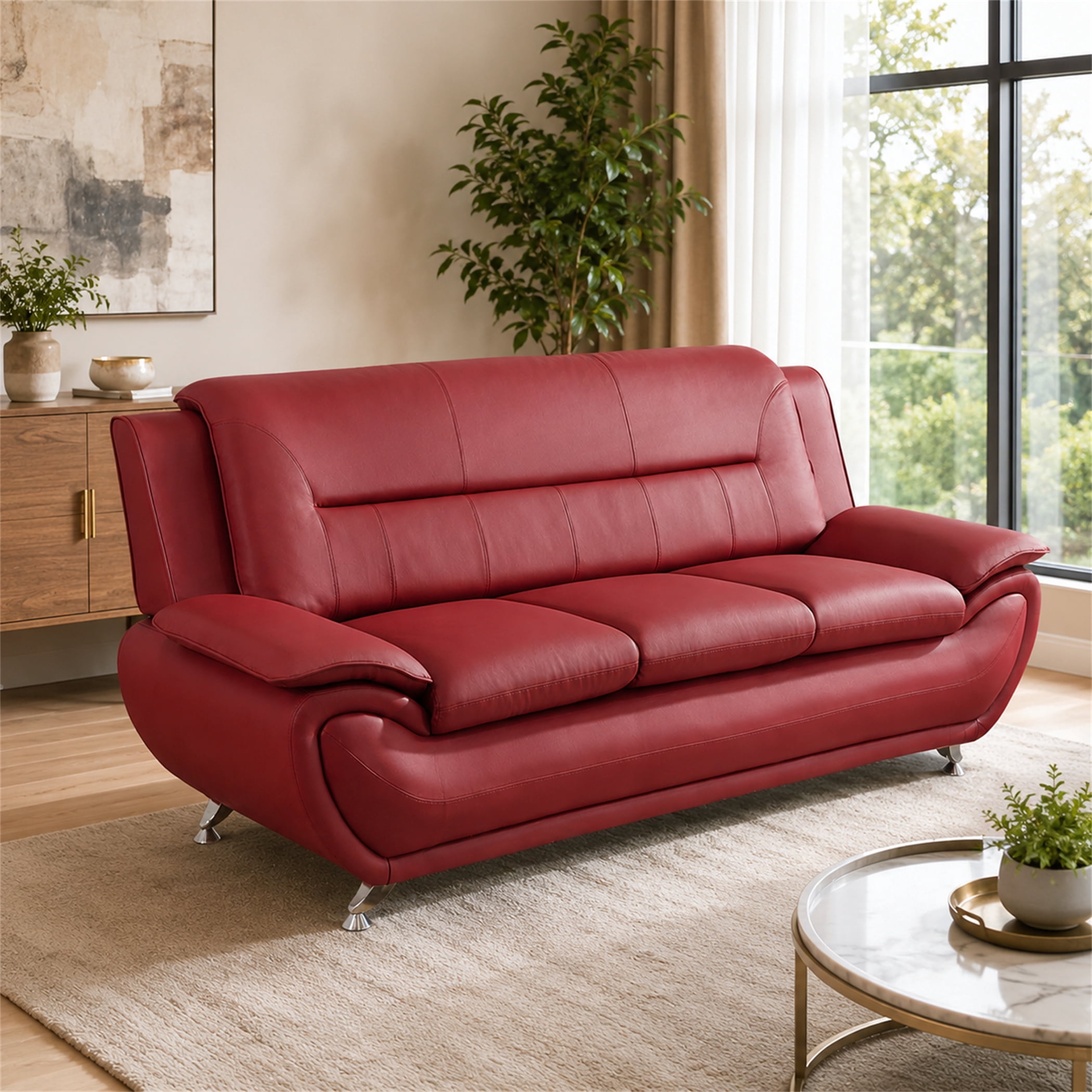 Aukfa 79" Upholstered 3 Seat Sofa Couch for Living Room Bedroom, Faux Leather, Red