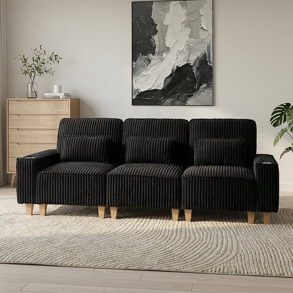 Aukfa 3 Piece Sofa Set - 99" Oversized 3 Seat Couch with Cup Holders&Pillows, 16 Solid Wood Legs, Black