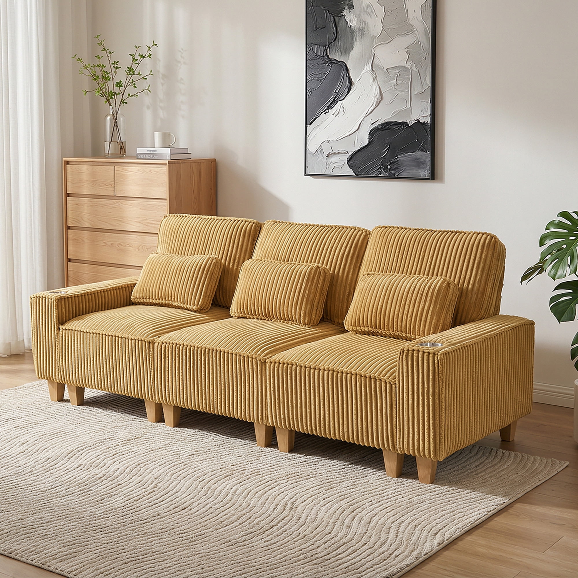 Aukfa 3 Piece Sofa Set - 99" Oversized 3 Seat Couch with Cup Holders&Pillows, 16 Solid Wood Legs, Camel