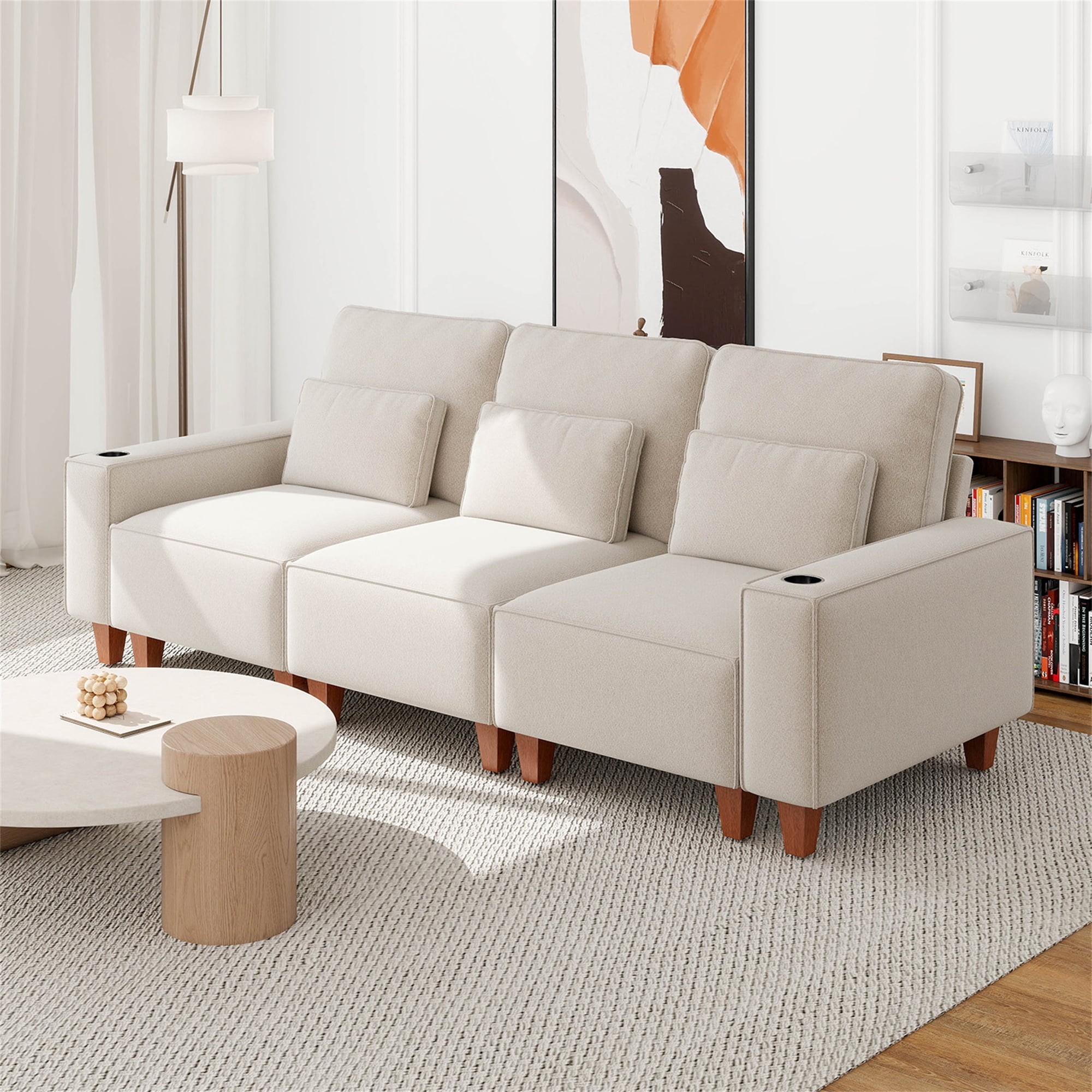 Aukfa 3 Piece Sofa Set - 99" Oversized 3 Seat Couch with Cup Holders&Pillows, Chenille, Beige