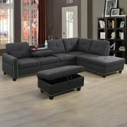 Aukfa 3 Piece Sofa Set, L shape Sectional Couch with Storage Ottoman&Cup Holder, Linen, Right Hand, Black Gray