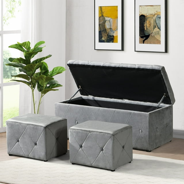 Aukfa 3 Piece Storage Bench with Ottoman Set, Lift Top, Button-Tufted, Velvet, Gray