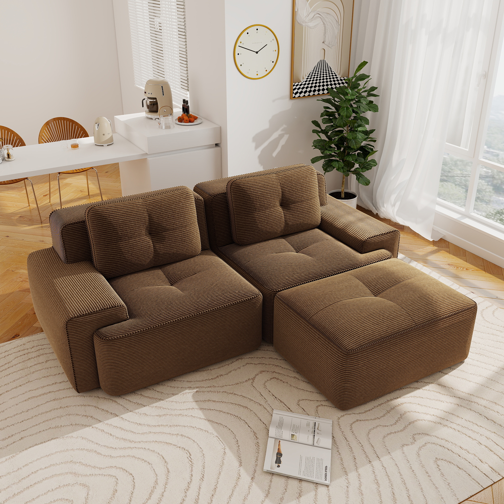 Aukfa 3-Piece Tufted Modular Sectional Sofa with Ottoman, 29.5-in Deep Seat, Corduroy, Brown