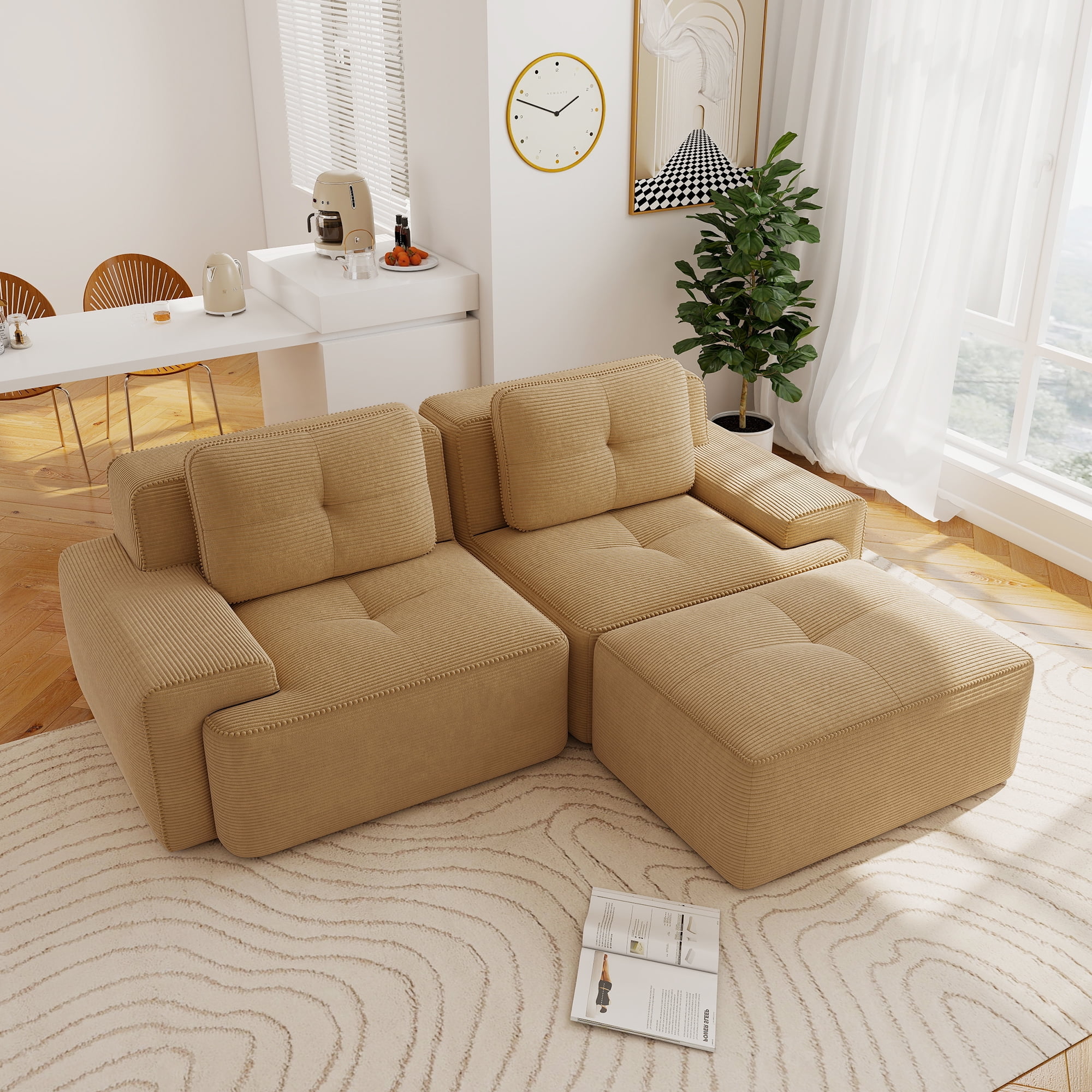 Aukfa 3-Piece Tufted Modular Sectional Sofa with Ottoman, 29.5-in Deep Seat, Corduroy, Camel