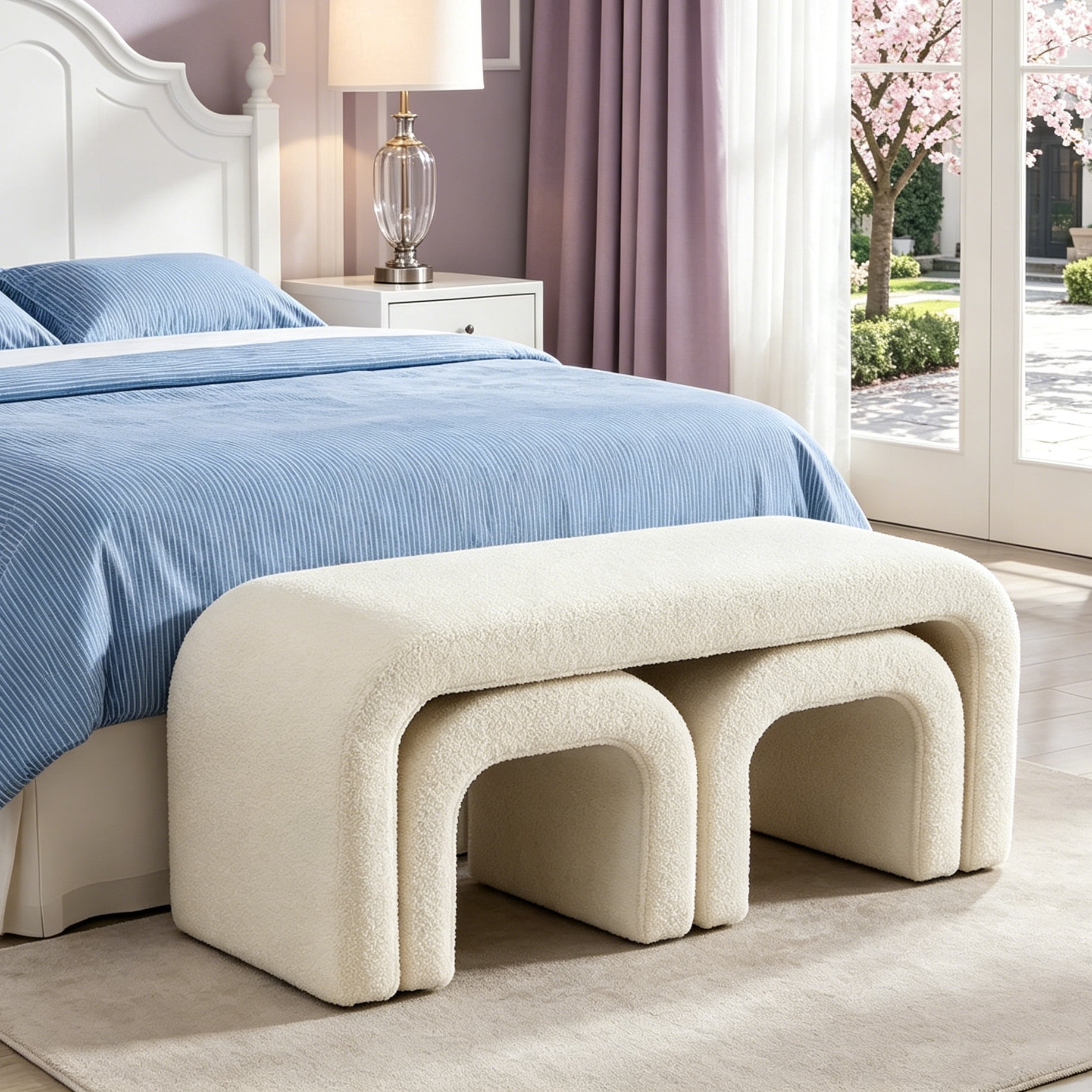 Aukfa 3-Piece U-Shaped Teddy Ottoman Bench Set, Upholstered End of Bed Bench, 2 Stools, No Assembly Required,Cream