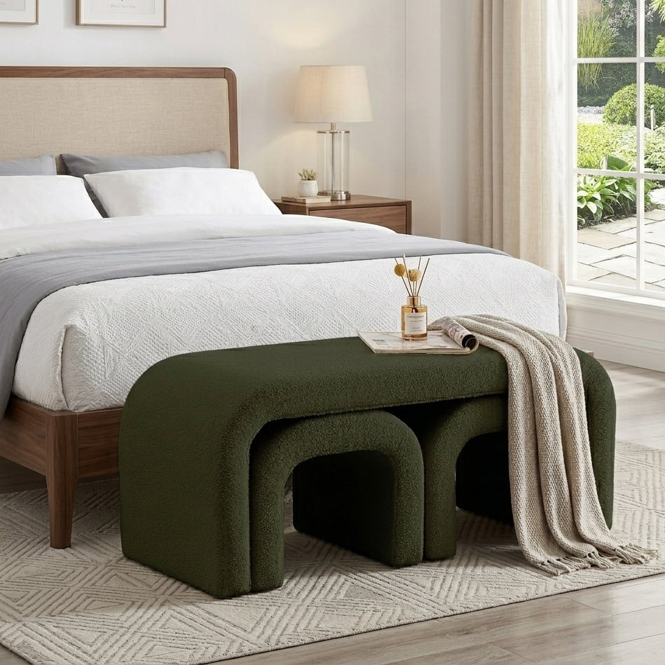 Aukfa 3-Piece U-Shaped Teddy Ottoman Bench Set, Upholstered End of Bed Bench, 2 Stools, No Assembly Required,Dark Green