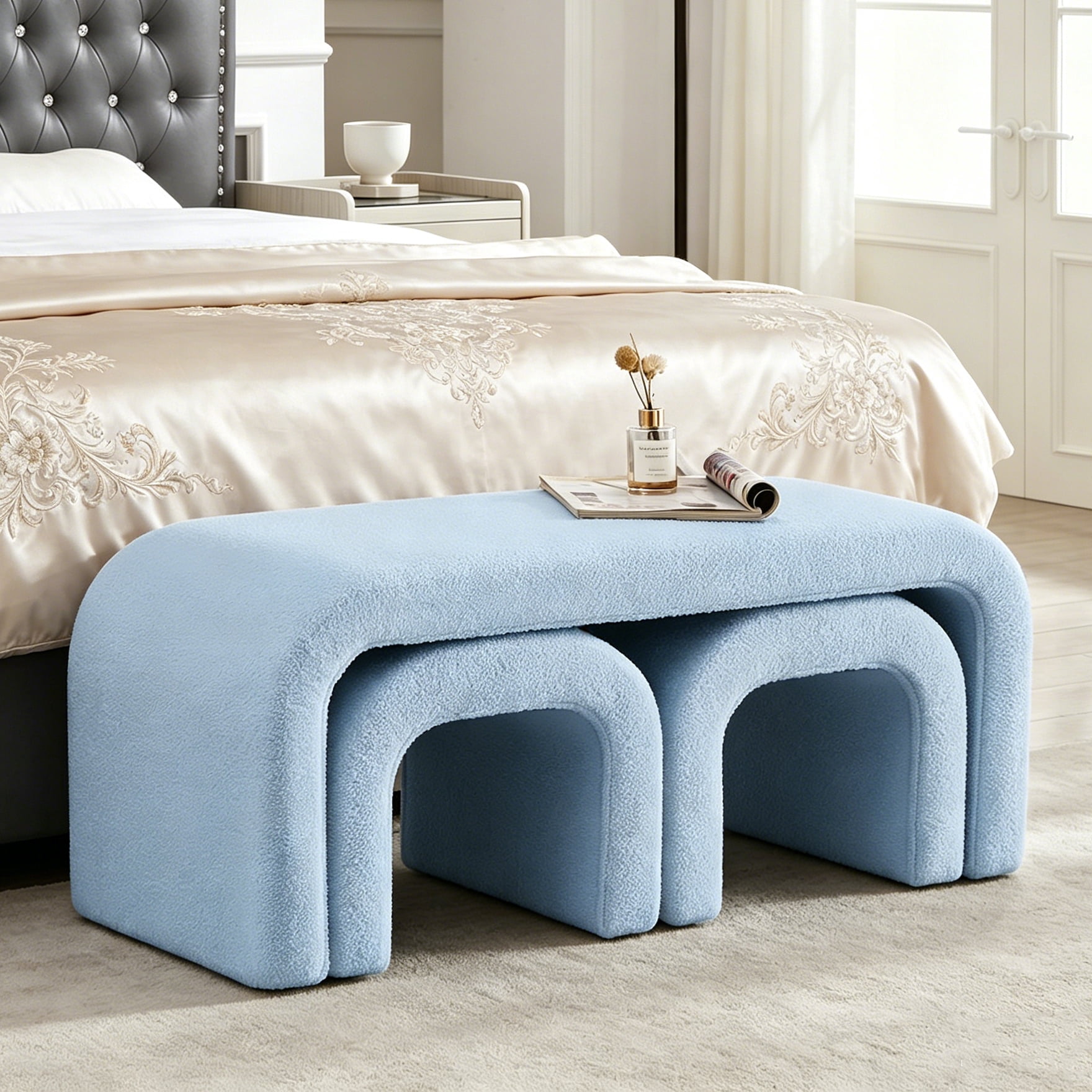 Aukfa 3-Piece U-Shaped Teddy Ottoman Bench Set, Upholstered End of Bed Bench, 2 Stools, No Assembly Required,Light Blue