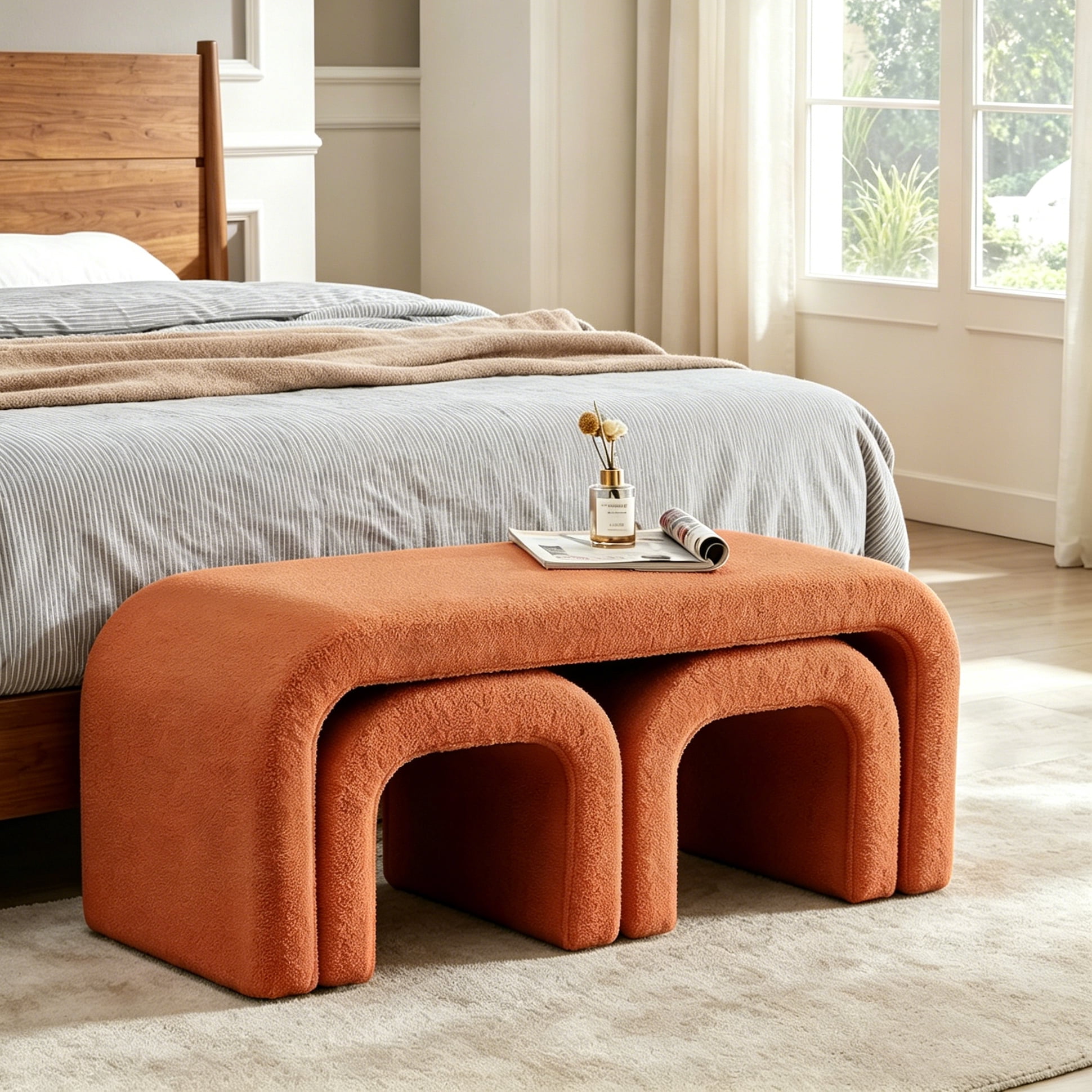 Aukfa 3-Piece U-Shaped Teddy Ottoman Bench Set, Upholstered End of Bed Bench, 2 Stools, No Assembly Required,Orange