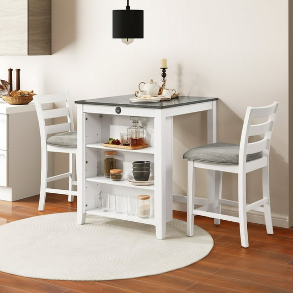 Aukfa 3 Pieces Dining Table Set with Power Outlet and Storage Shelves, Counter Height Kitchen Set & 2 Upholstered Chairs, White/Gray