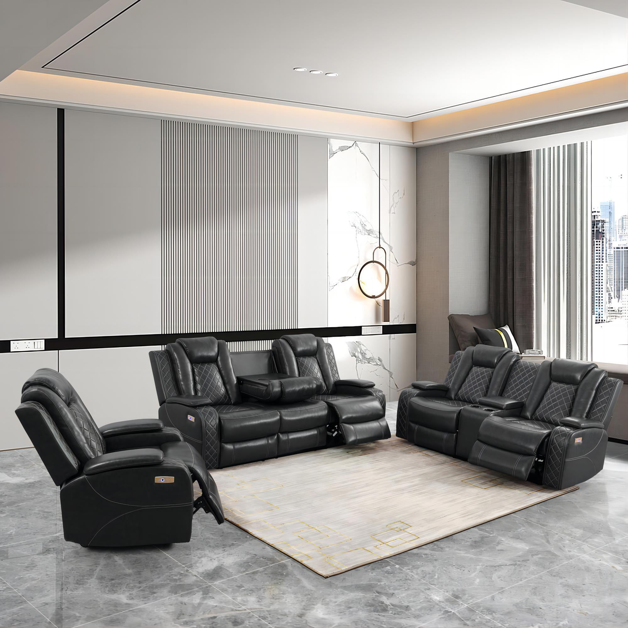 Aukfa 3 Pieces Power Recliner Sofa Couch with Wireless Charging and Reading Light for Living Room,Black