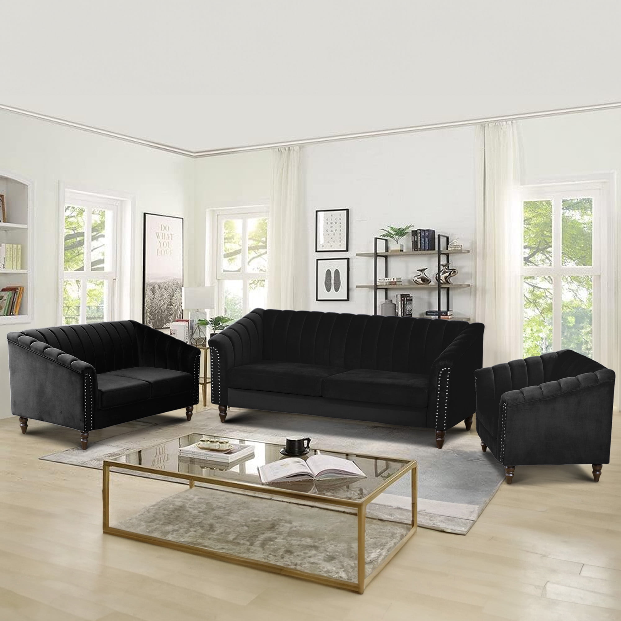 Aukfa 3 Pieces Sectional Sofa Couch Set for Living Room, 3 Seat Sofa, Loveseat and Accent Chair,Black