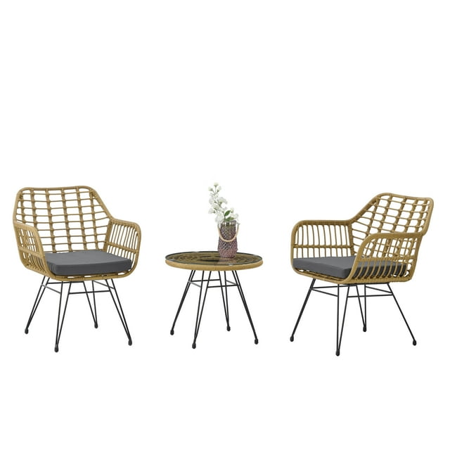 Aukfa 3 Pieces table set,Modern Rattan Coffee Chair Table Set,Outdoor Furniture Rattan Chair,Garden Set with Two Chair and One Table,Conversation Set
