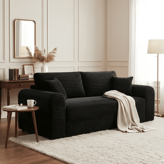 Aukfa 3 Seater Cloud Couch, 86.6" Corduroy Boneless Sofa, 26.4" Deep Seat, Compressed Sofa with Pillows for Living Room, Bedroom, Apartment, Black