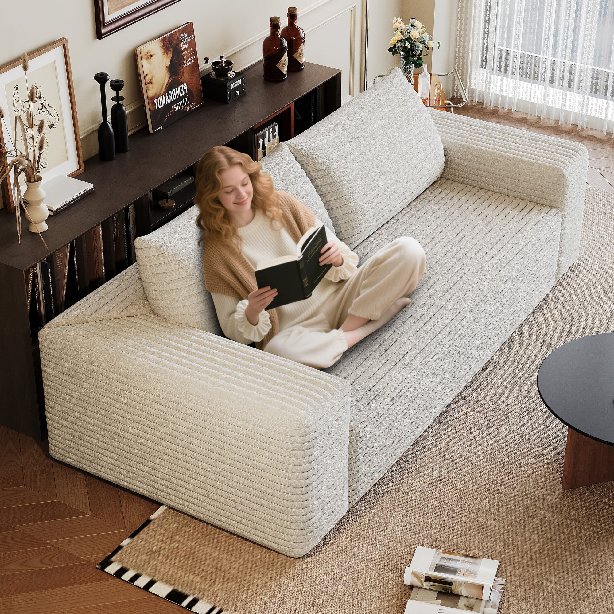 Aukfa 3-Seater Corduroy Sofa, Deep Seat Cloud Couch, No Assembly Frameless Loveseat for Living Room, Bedroom, Apartment, Beige