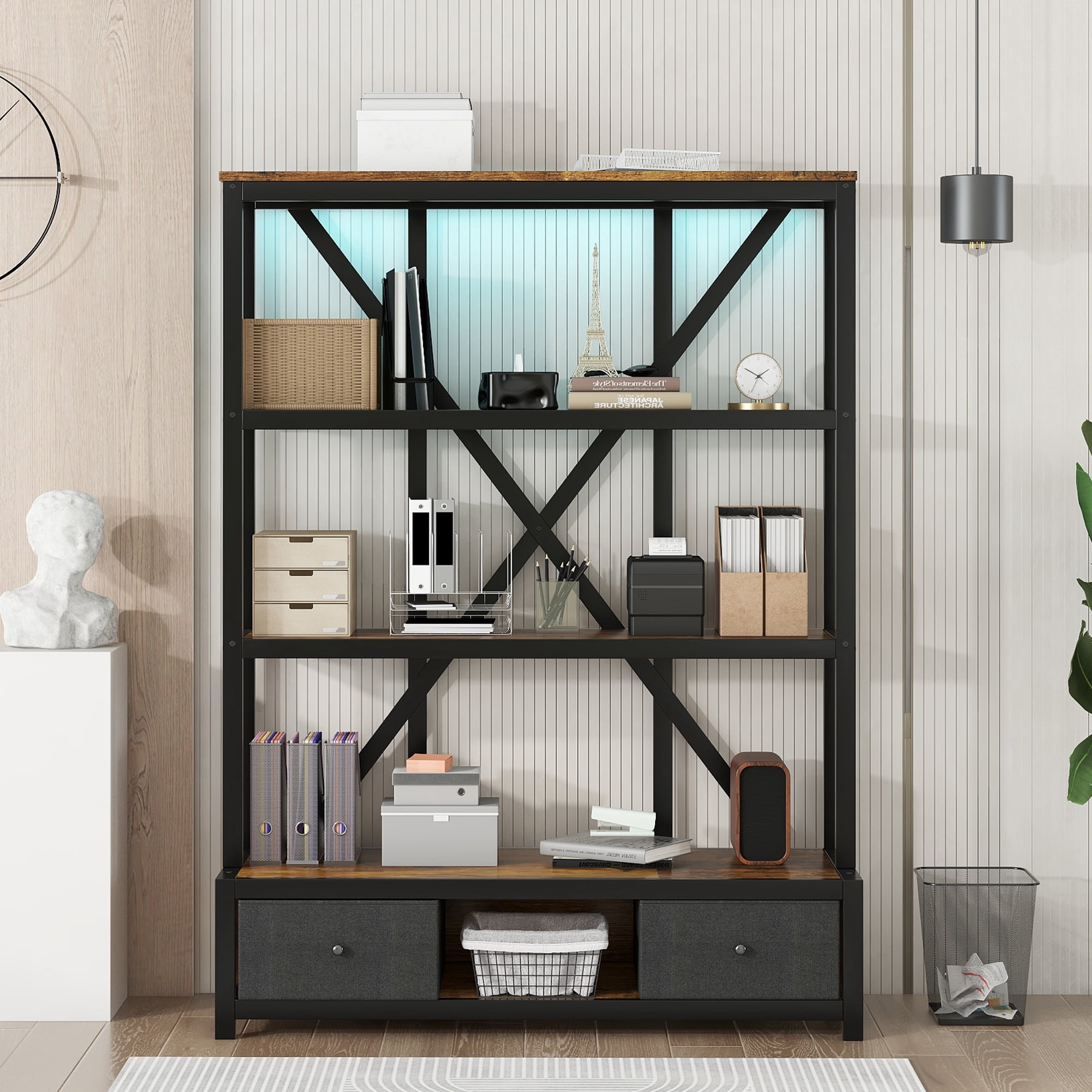 Aukfa 3-Shelf Metal Bookcase with Drawers & LED for Home Office,Vintage