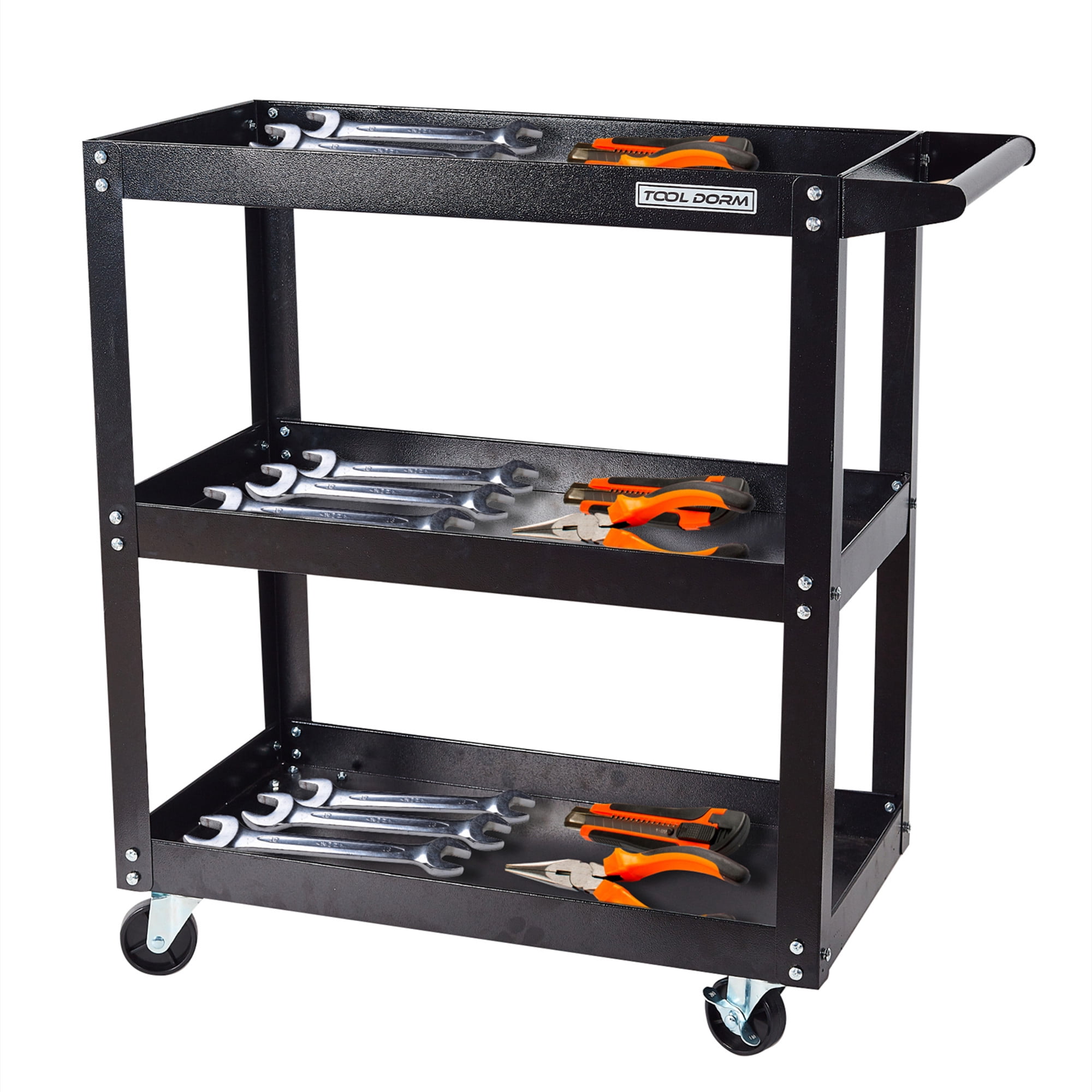 Aukfa 3-Tier Utility Cart with Wheels, 450 lb Heavy Duty Rolling Tool Cart Service Cart for Warehouse, Garage, Black