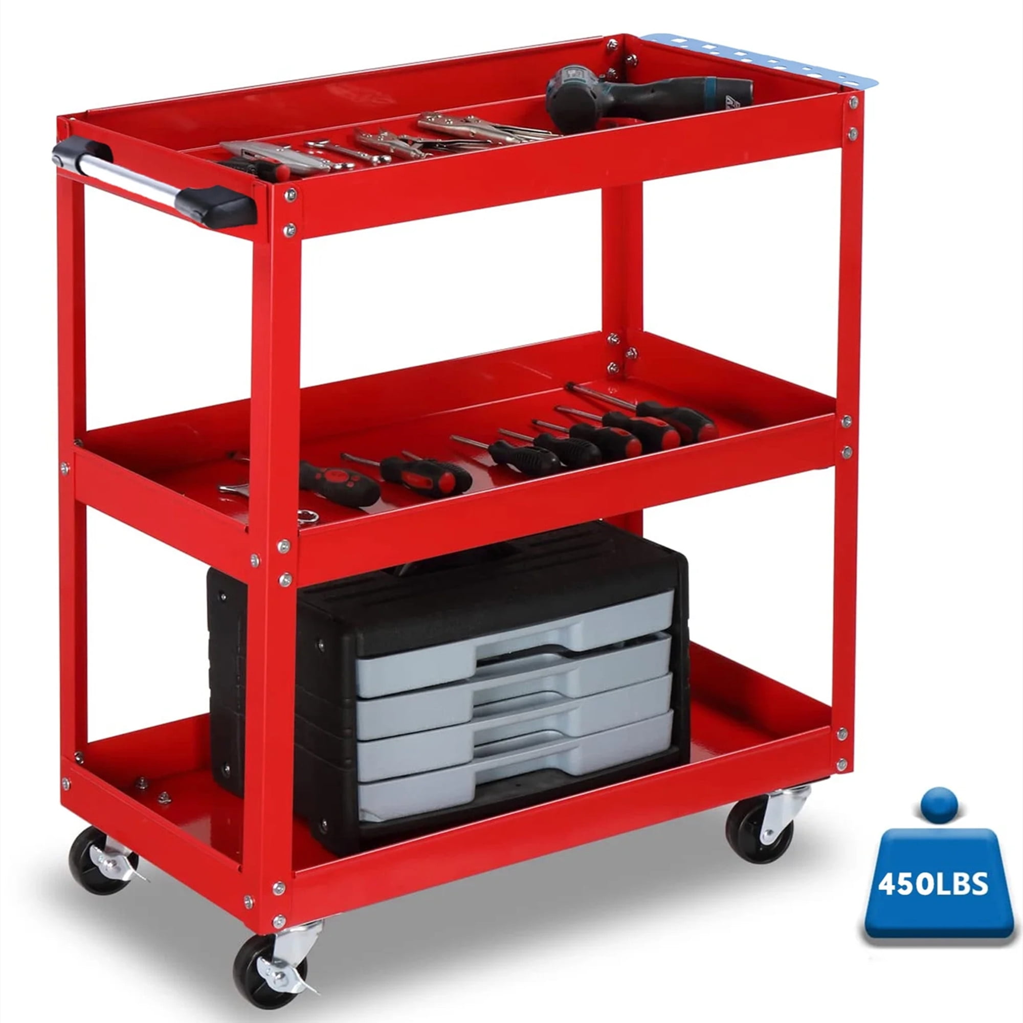 Red Heavy Duty 3-Tier Metal Utility Cart with Wheels
