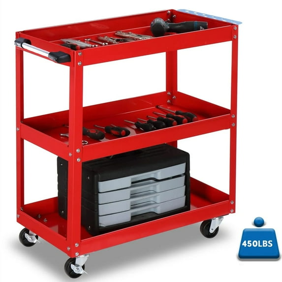 Aukfa 3-Tier Utility Cart with Wheels, 450 lb Heavy Duty Rolling Tool Cart Service Cart for Warehouse, Garage, Red