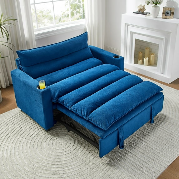 Aukfa 3 in 1 Convertible Pull Out Sofa Bed, Loveseat Sleeper with Thick Pad and Cup Holders for Living Room, Bedroom, Small Space, Blue