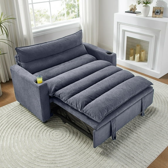 Aukfa 3 in 1 Convertible Pull Out Sofa Bed, Loveseat Sleeper with Thick Pad and Cup Holders for Living Room, Bedroom, Small Space, Gray