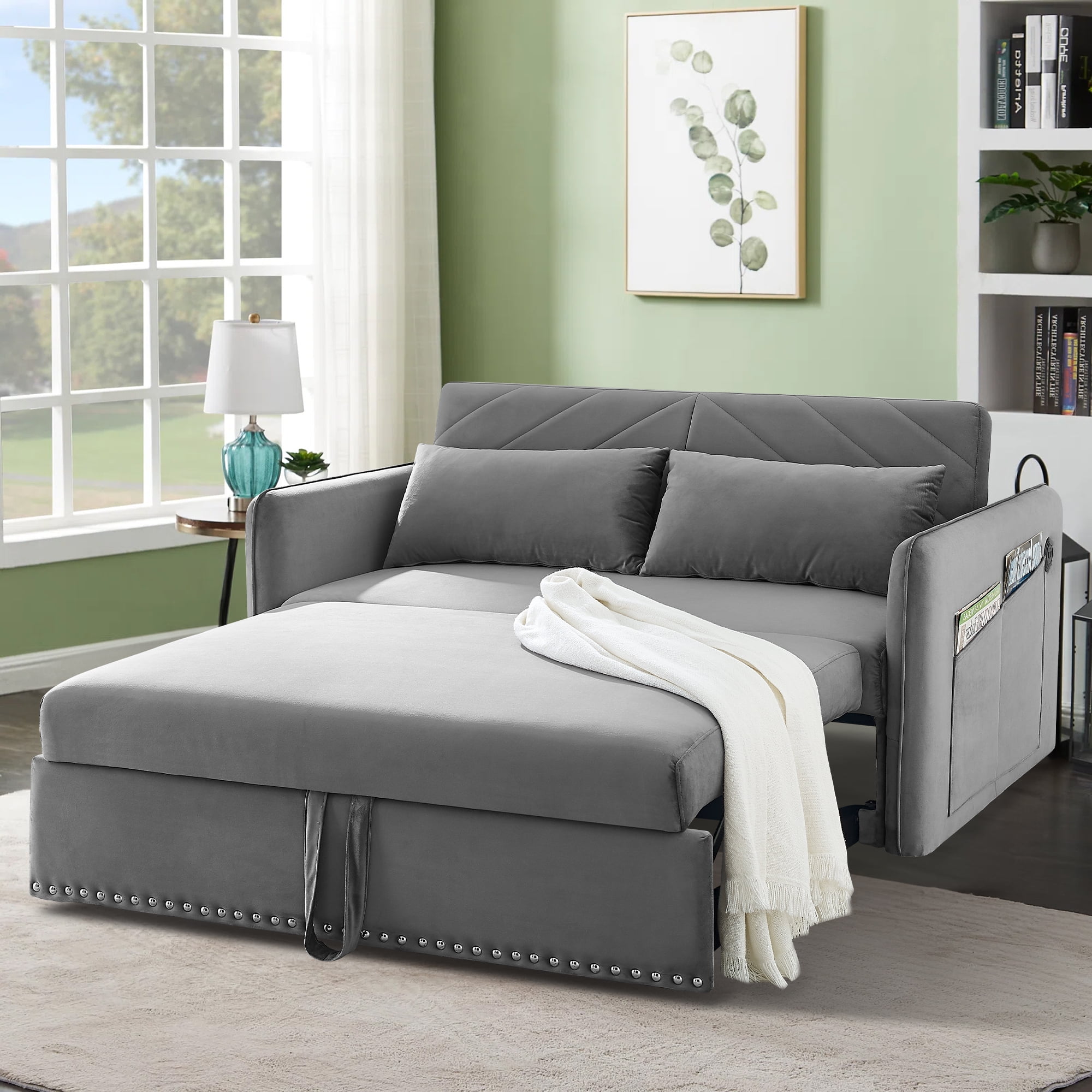 Aukfa 3-in-1 55″ Velvet Convertible Sleeper Loveseat Sofa Bed with 2 Pillows & USB Port
