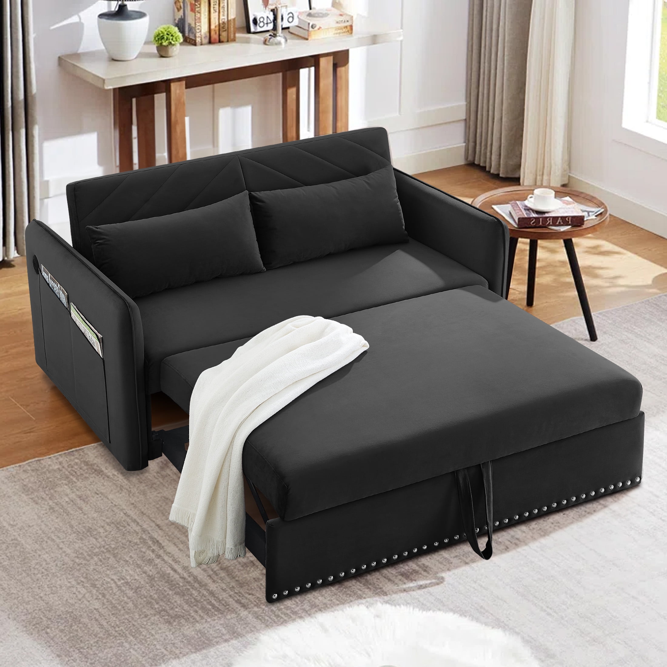Aukfa 3 in 1 Convertible Sofa Bed, 55" Velvet Loveseat Sleeper with 2 Pillows & USB Port, Black